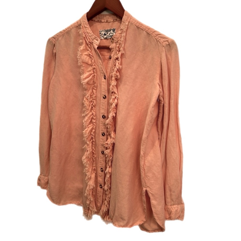 Anthropologie Pilcro linen blend Ruffled Placket Shirt peach - Picture 13 of 13